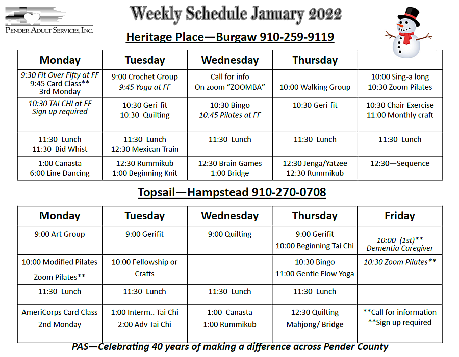 January, 2022 Schedule